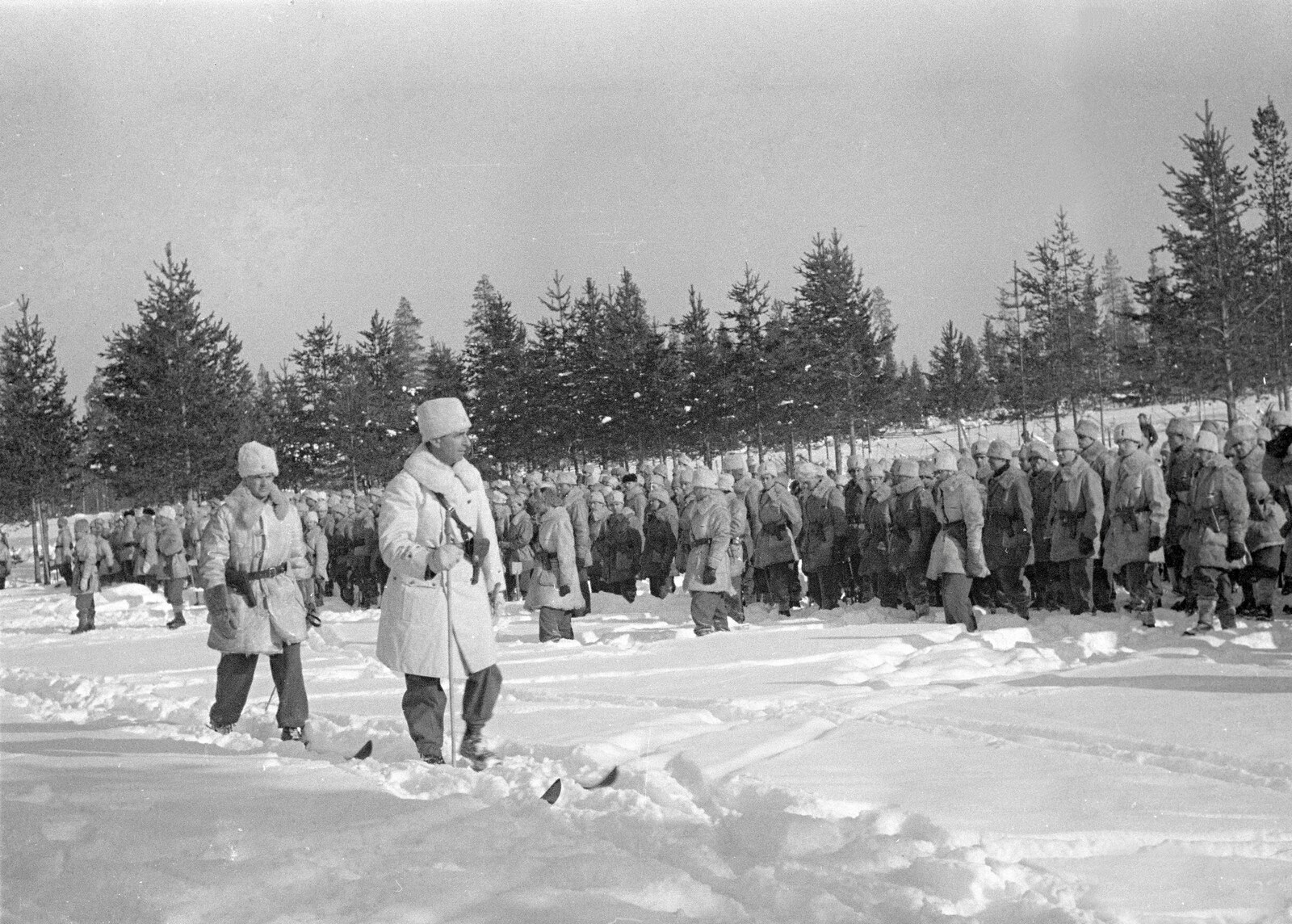 A long column of Swedish Volunteer Corps soldiers on skis, formed up in the snow at Märkäjärvi in March 1940