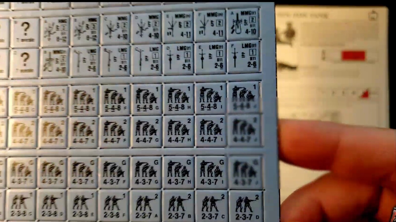 Close-up of the blue Swedish counters: 5-4-8, 4-4-7 and 4-3-7 squads, half-squads, LMGs, MMGs and concealment counters
