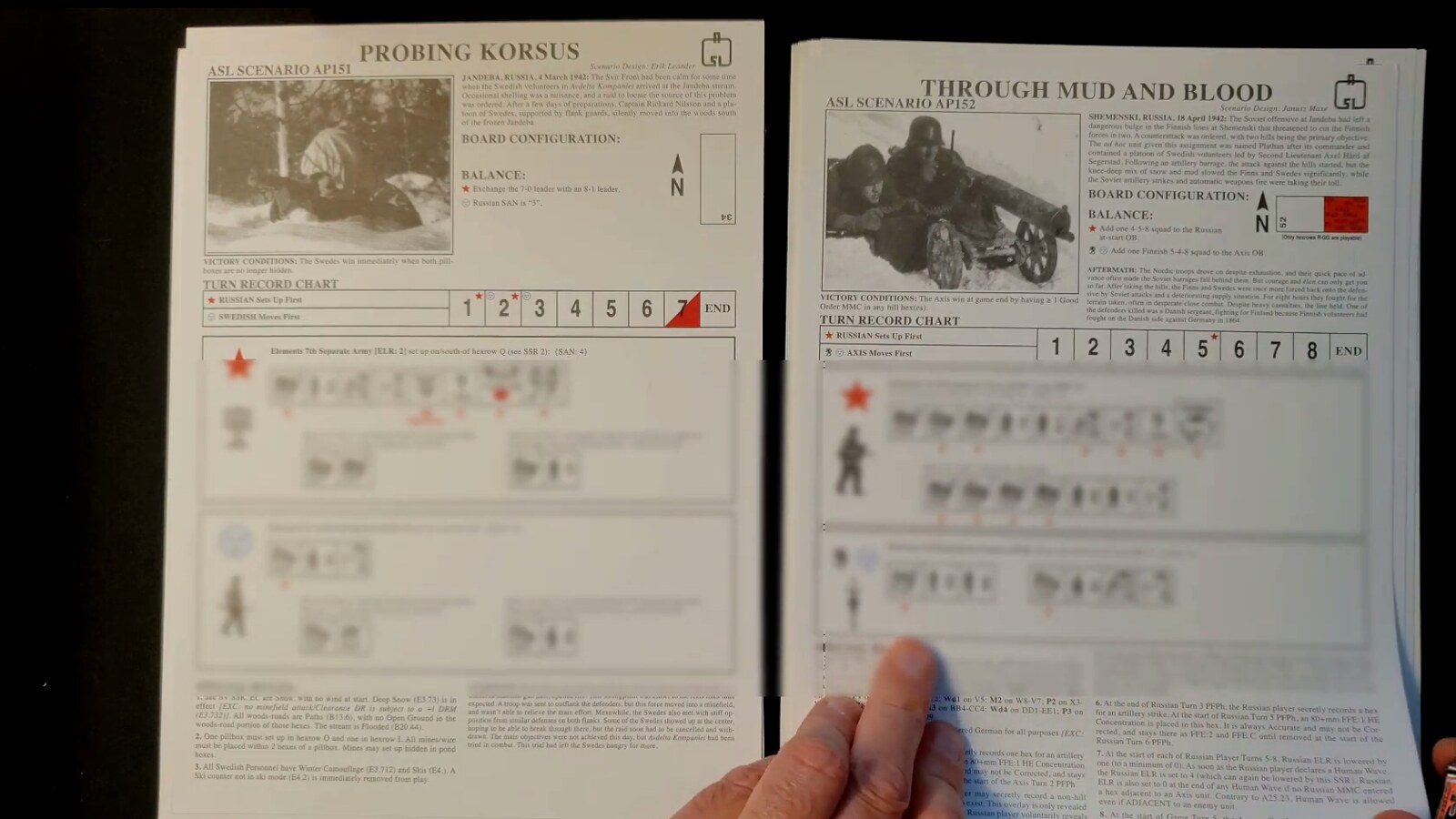 The Probing Korsus and Through Mud and Blood scenario cards, with their details blurred