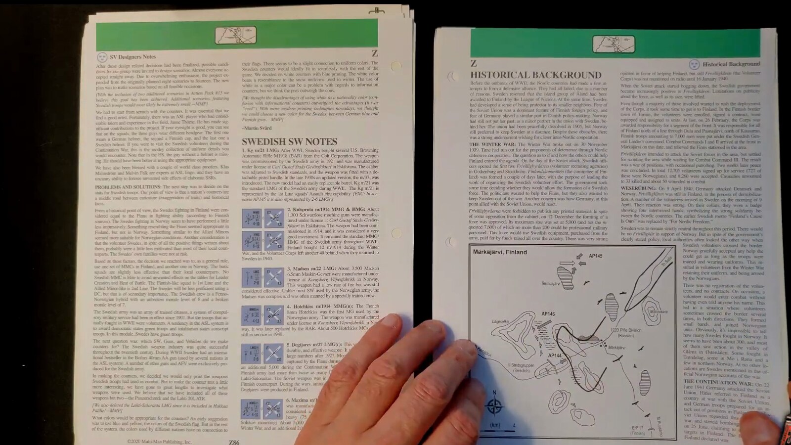 Chapter Z pages with the Swedish support weapon notes and the historical background, including an inset map of Märkäjärvi