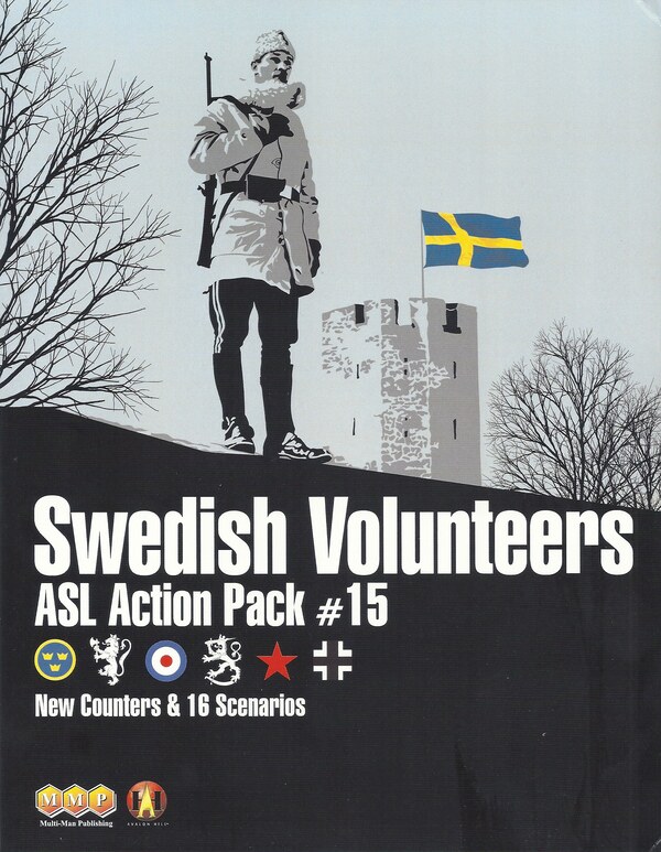 Cover of ASL Action Pack #15, Swedish Volunteers: a Swedish volunteer in a winter coat beside a tower flying the Swedish flag