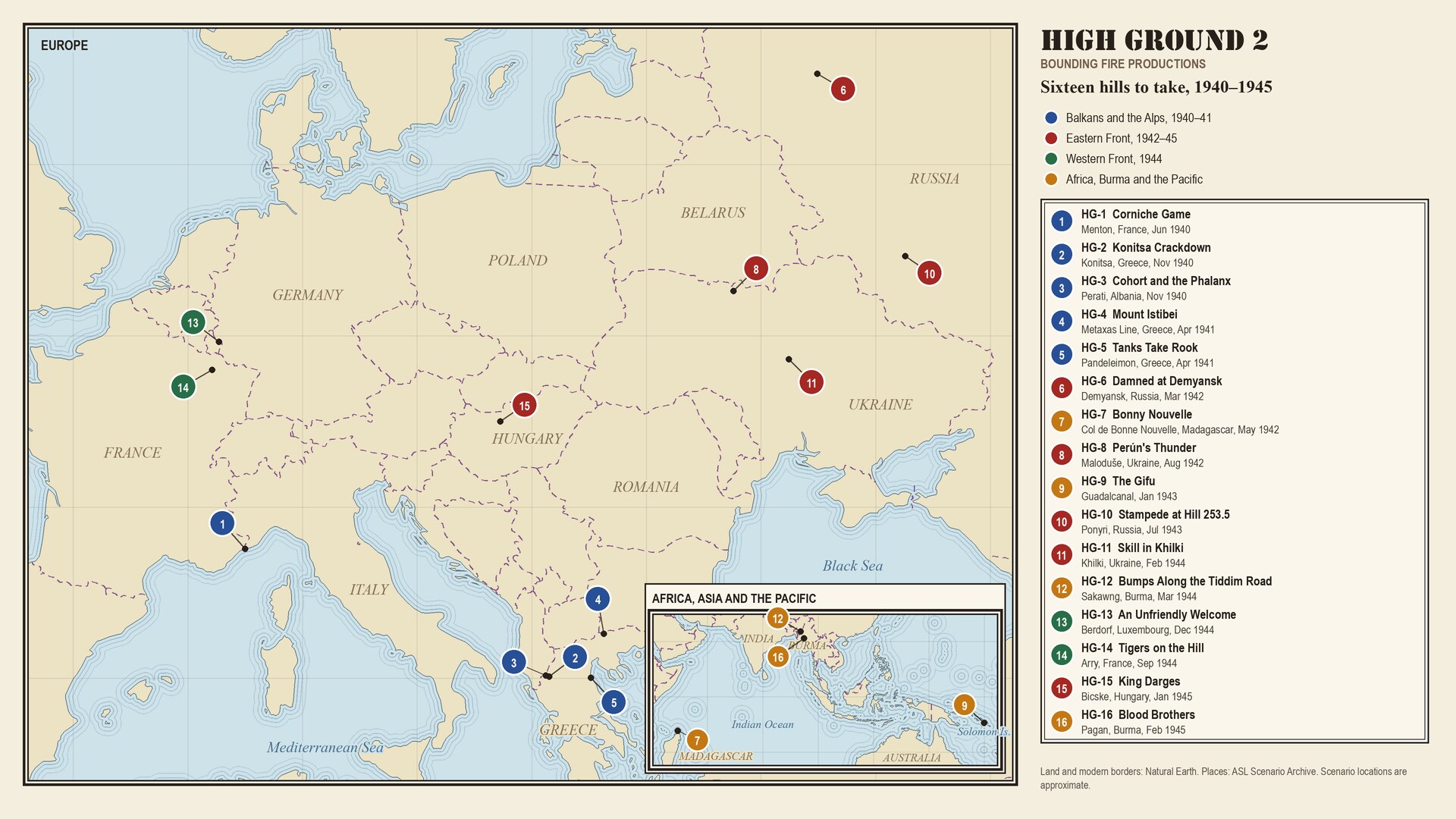 Map of Europe with an inset of Africa, Asia and the Pacific, showing where the 16 High Ground 2 scenarios took place from 1940 to 1945